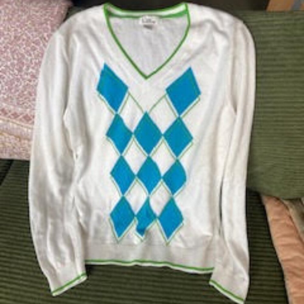 Lily Pulitzer 100% Cotton V-Neck Argyle Sweater Large